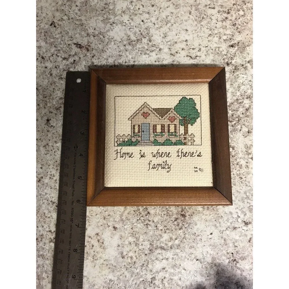 Framed Vintage 1991 Handmade Needlepoint “Home is where’s there’s family” 6x6”